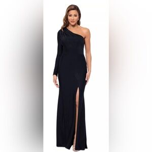 Xscape One-Shoulder Black Rhinestone Gown Size 6 NWOT